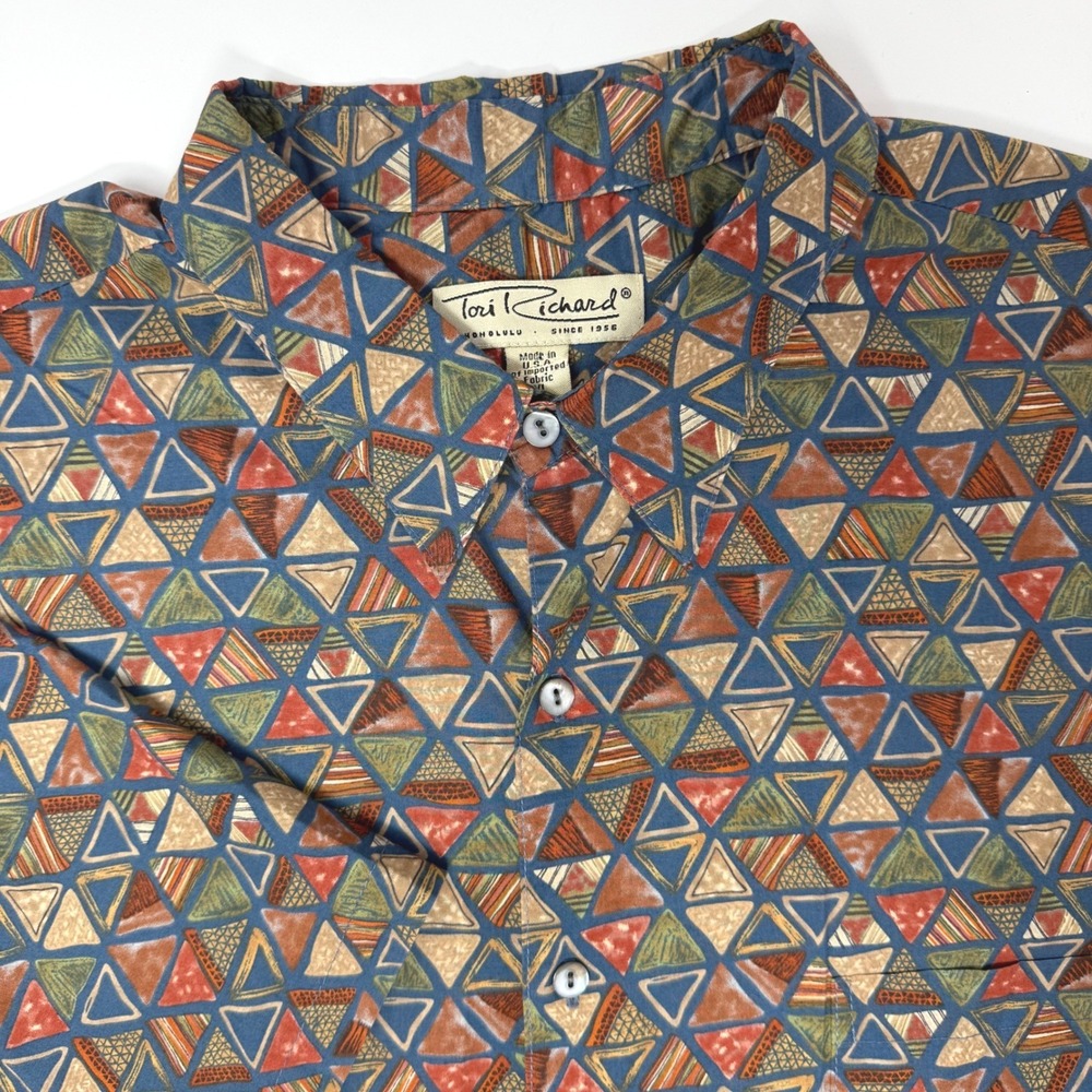 Tori Richard Mens 2XL Cotton Lawn Hawaiian Shirt Geometric Triangle Blue Rust